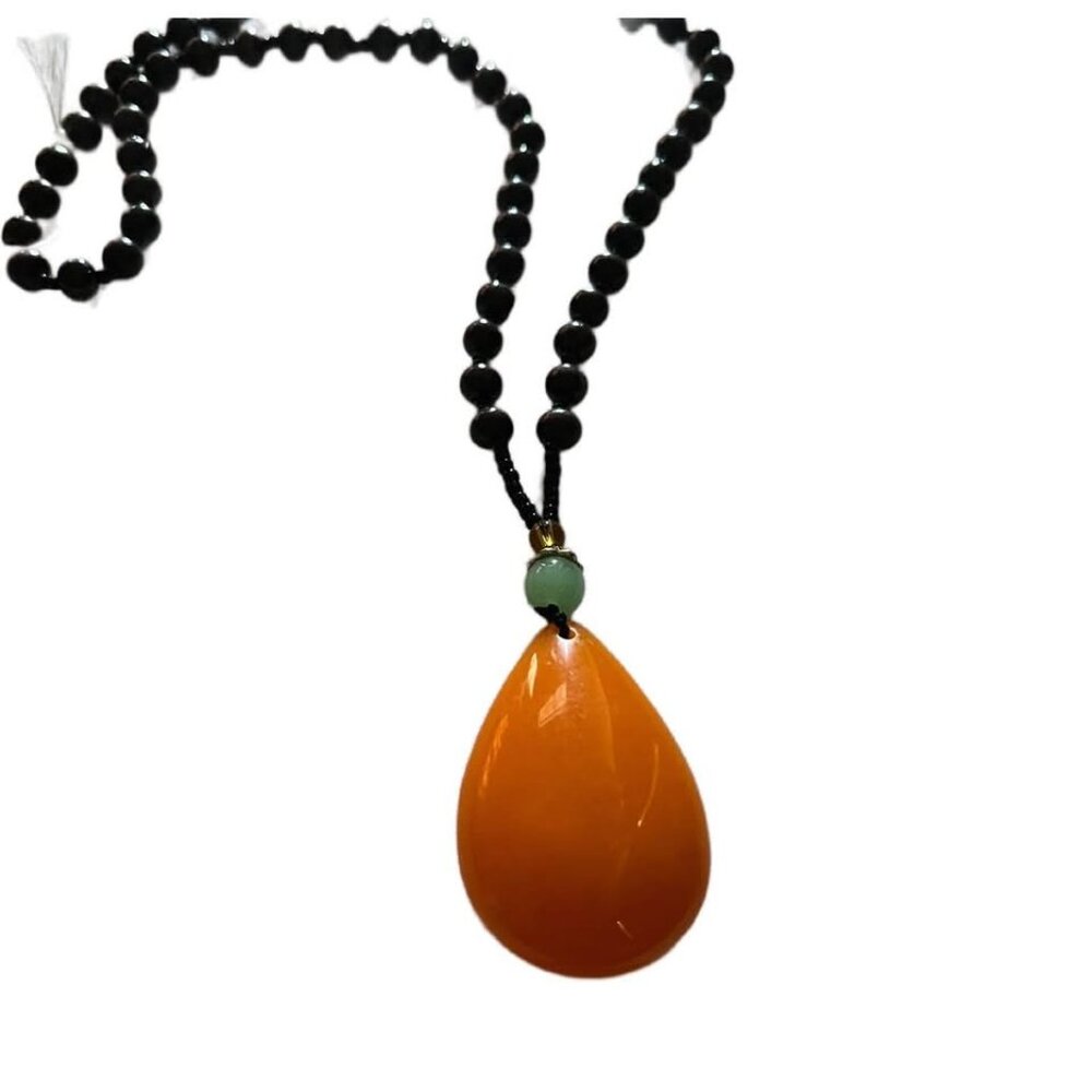 Large Orange Pendant Necklace with Brown Wood Beads